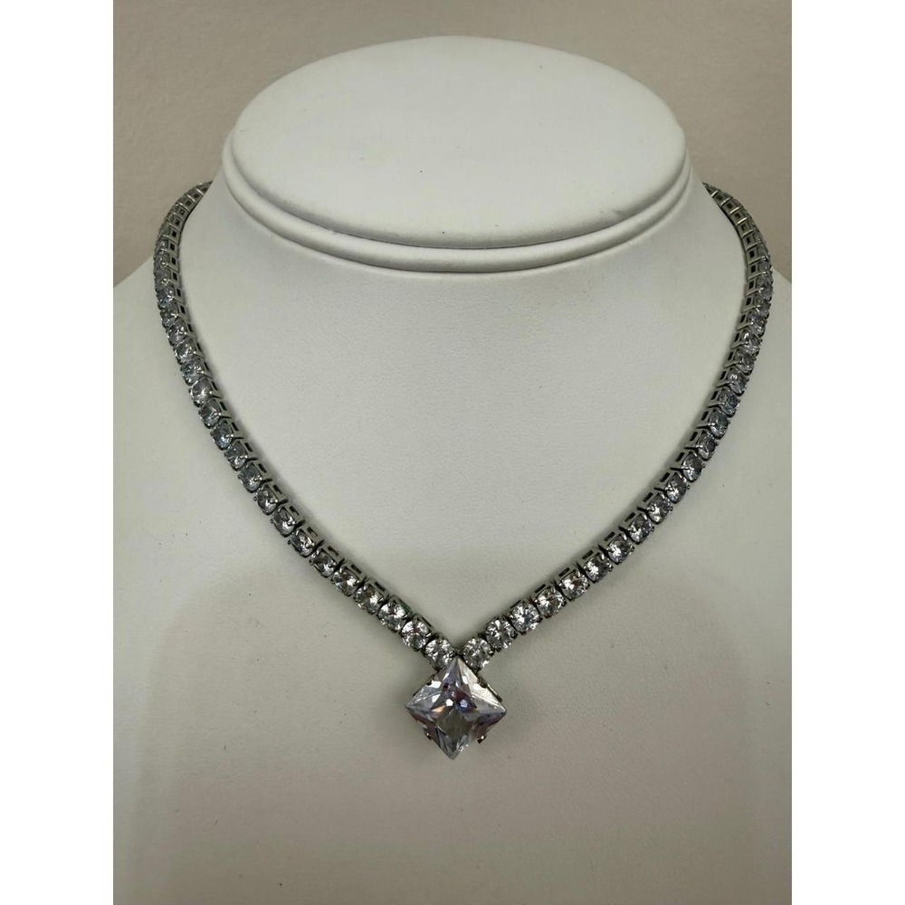 Tennis Crystal Necklace Princess Cut Drop Pendant Silver Tone Formal Glam